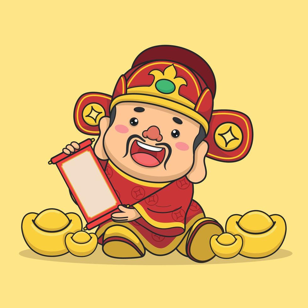 Cute Chinese New Year Fortune God Sitting and Holding Scroll vector