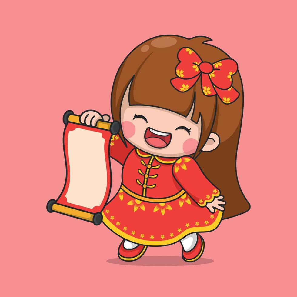 Cute Chinese New Year Girl Holding Scroll vector