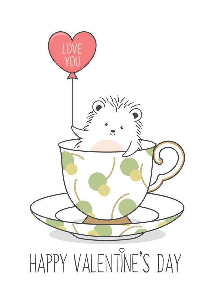 Cute Valentines Day Hedgehog Holding Balloon In A Cup vector