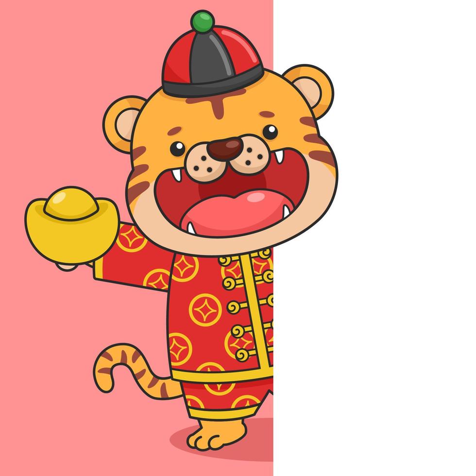 lindo tigre de año nuevo chino con dinero de oro detrás de la pared vector