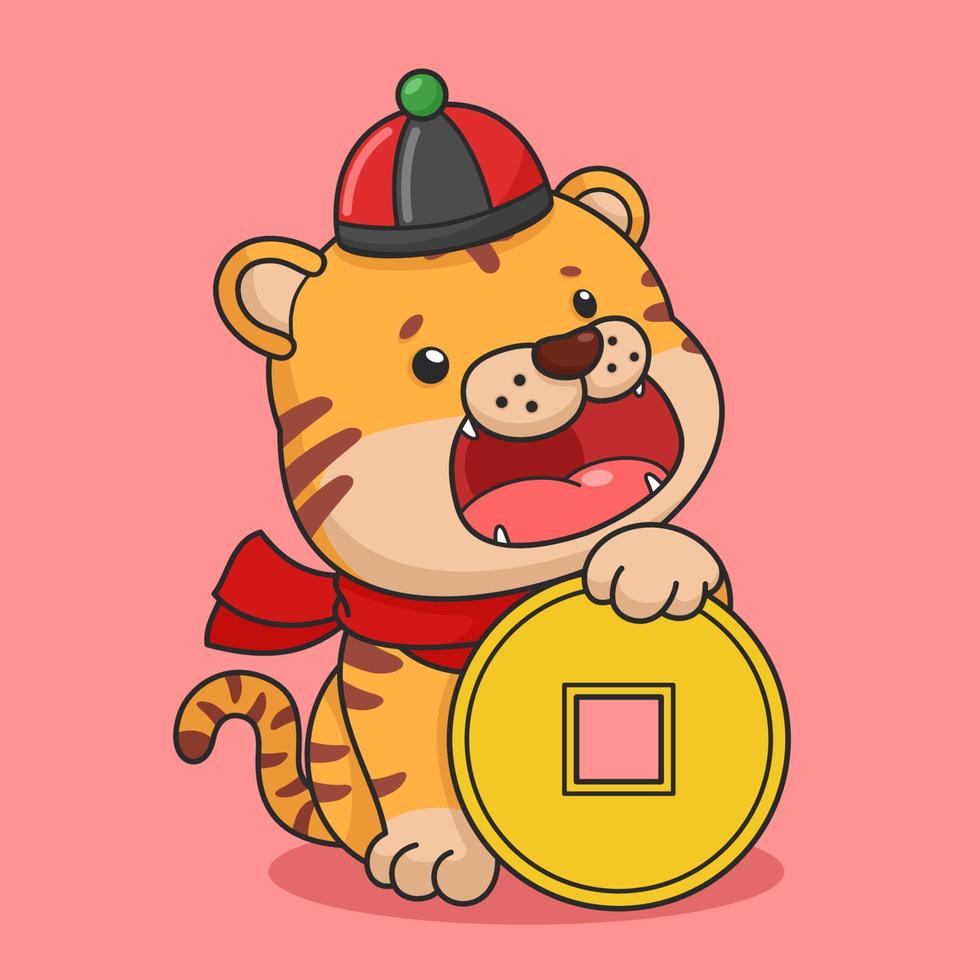 Cute Chinese New Year Tiger And Big Gold Coin vector