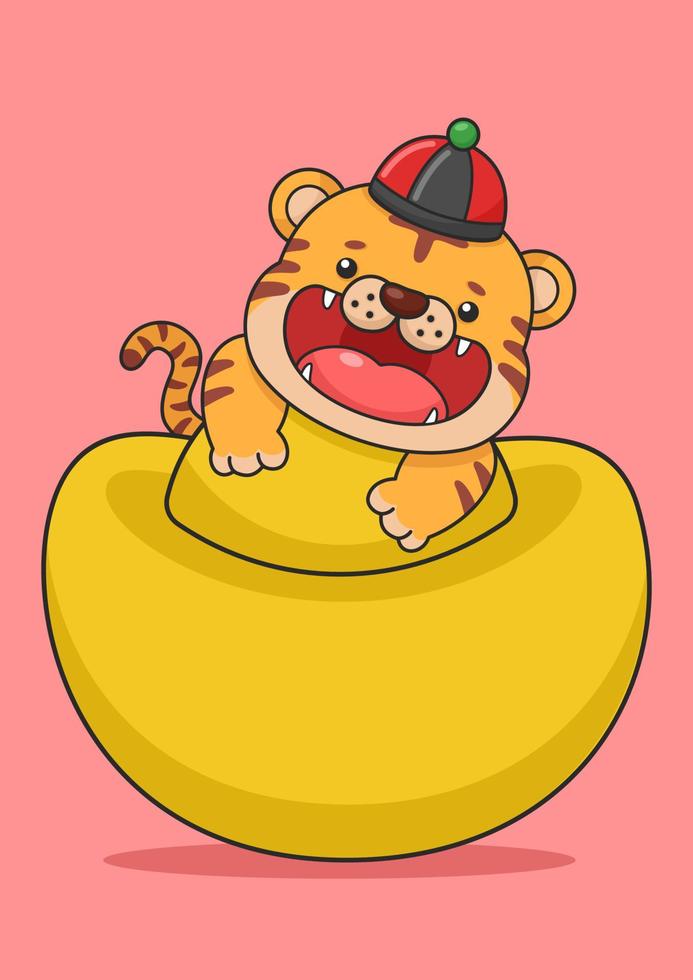 Cute Chinese New Year Tiger Hugging Big Gold Money vector