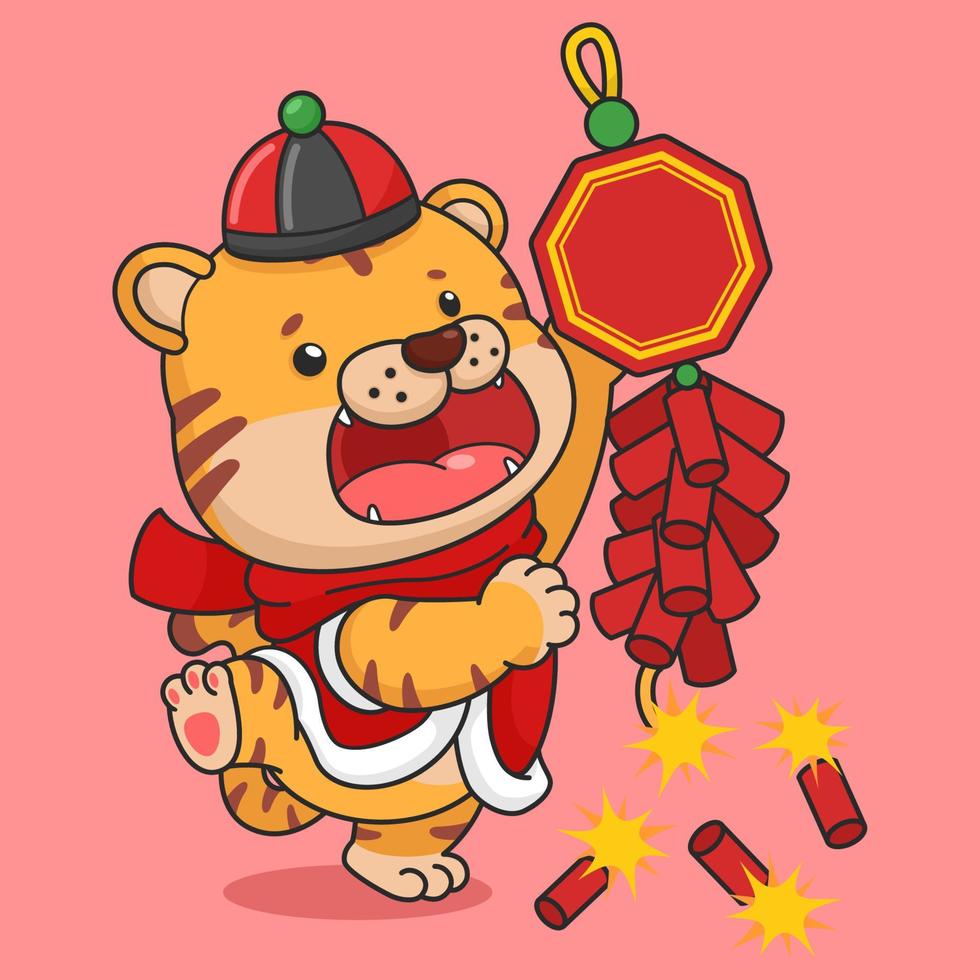 Cute Chinese New Year Tiger In Winter Outfit Holding Firecracker vector