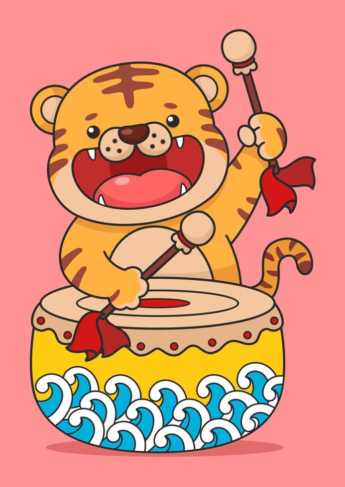 lindo tigre de año nuevo chino tocando el tambor vector