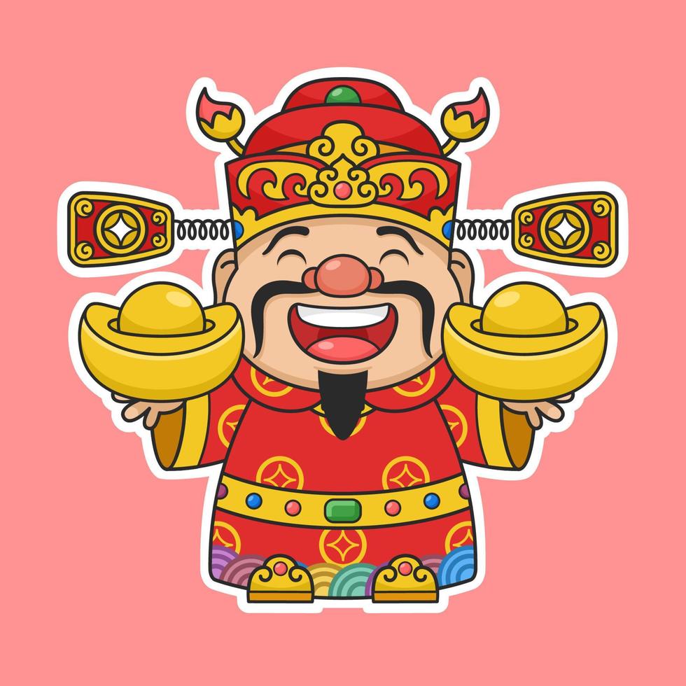 Cute Chinese New Year Fortune God Holding Two Gold Money vector