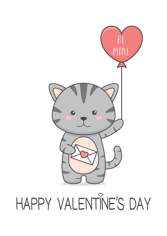 lindo gatito del día de san valentín con letra y globo vector