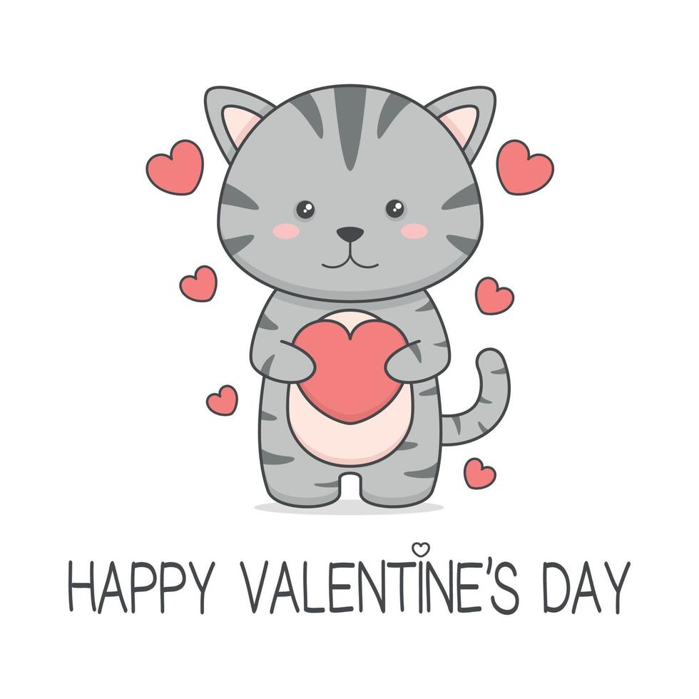 lindo día de san valentín gatito gato sosteniendo corazón vector