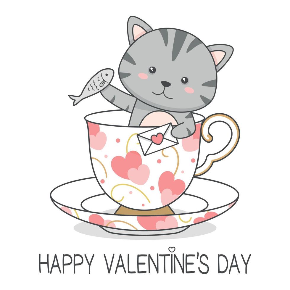 Cute Valentines Day Kitty Cat Holding fish And Letter In A Cup vector