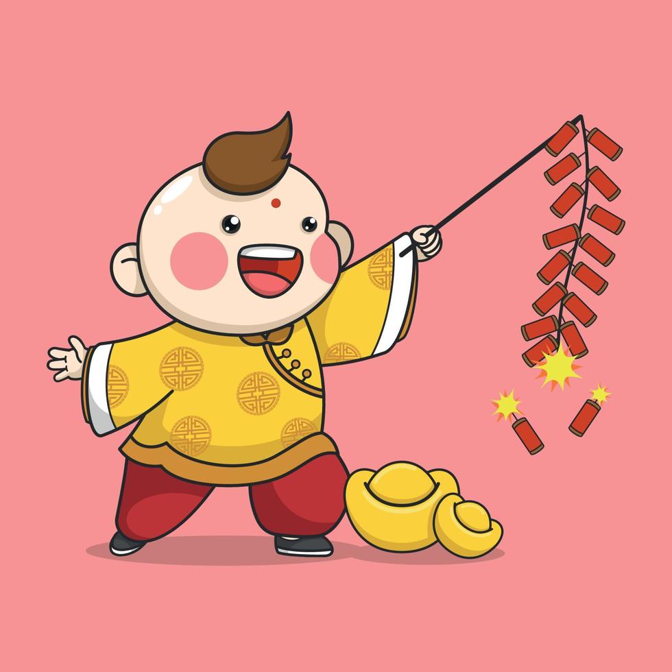 Cute Chinese New Year Boy Playing Firecracker vector