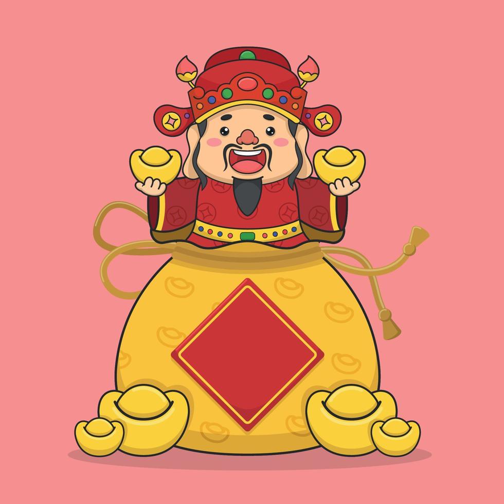 Cute Chinese New Year Fortune God In Money Pouch vector