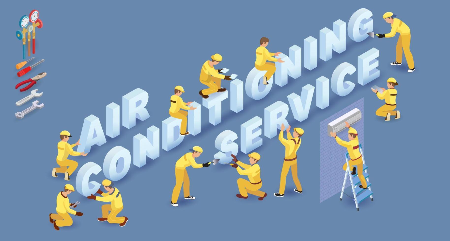 Team of Builders. People, Words Air Conditioning Services. vector