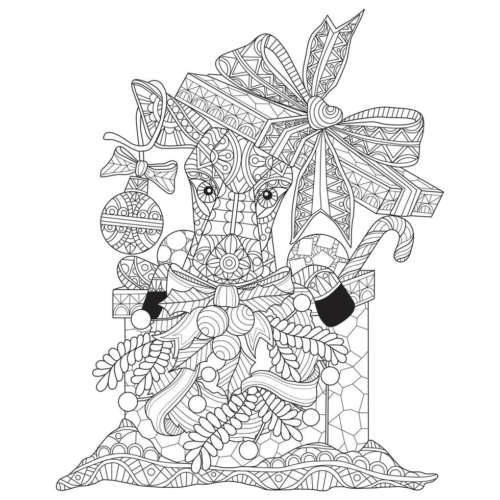 Deer in the gift box Christmas hand drawn for adult coloring book vector
