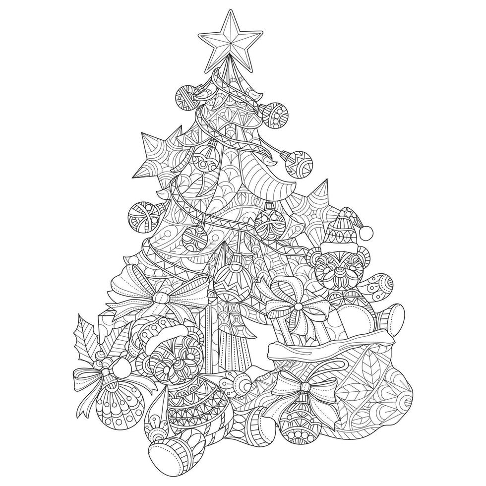 árbol de navidad y osos de peluche dibujados a mano para libro de colorear para adultos vector