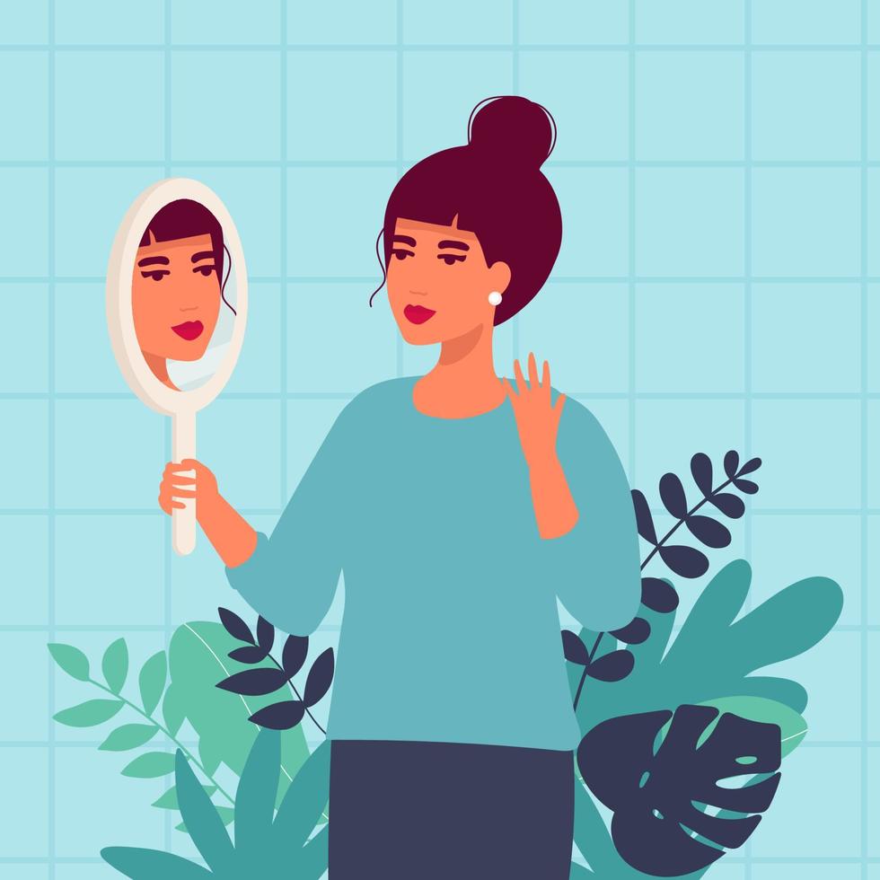 Stylish beautiful girl looks in the round mirror. Young woman , her reflection in the mirror. date, make up. Vector illustration, flat design.
