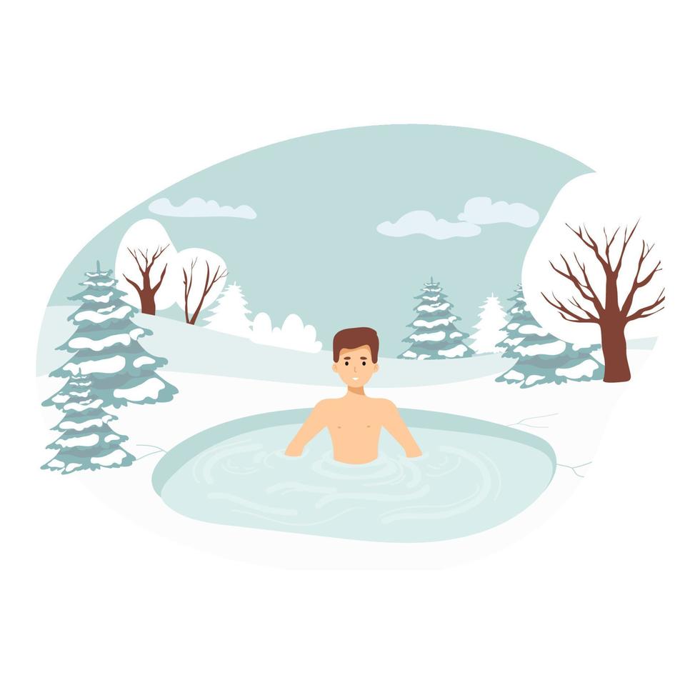 personaje masculino nadando en el hielo. desafío de estilo de vida saludable, concepto de actividad deportiva. agujero en la temporada de invierno. temperamento del hombre, desafío de estilo de vida saludable, actividad deportiva. paisaje de ilustración vectorial vector