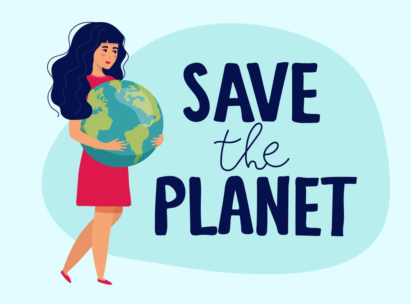 Young woman or girl embraces green planet Earth with care, love. Vector illustration of Earth day and saving planet. Environment conservation, energy saving concept. lettering save the planet