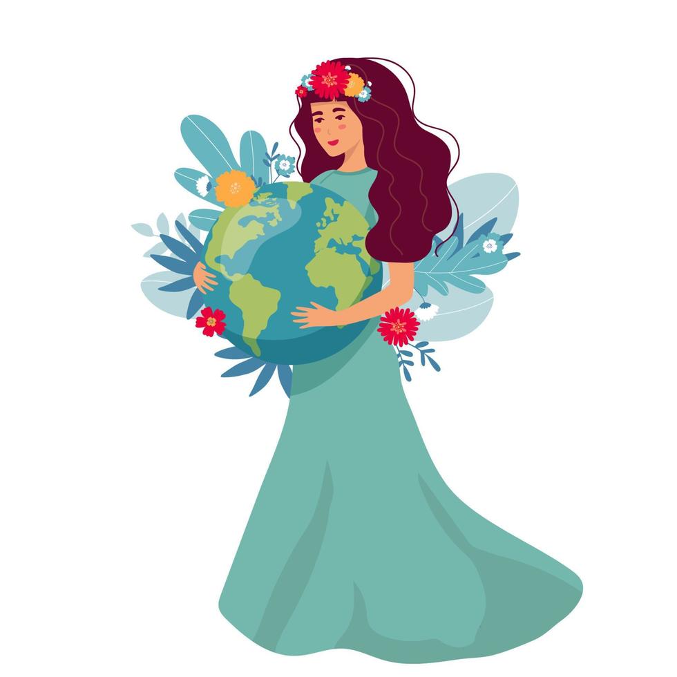 Young woman embraces planet Earth. Vector illustration of Earth day and saving planet. Environment conservation, energy saving concept. beautiful girl in flowers, symphol of mother nature, earth