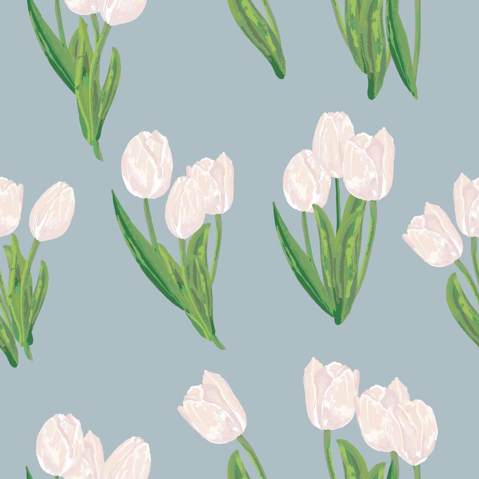 white tulips on blue background. Watercolor seamless pattern with spring flowers. vector