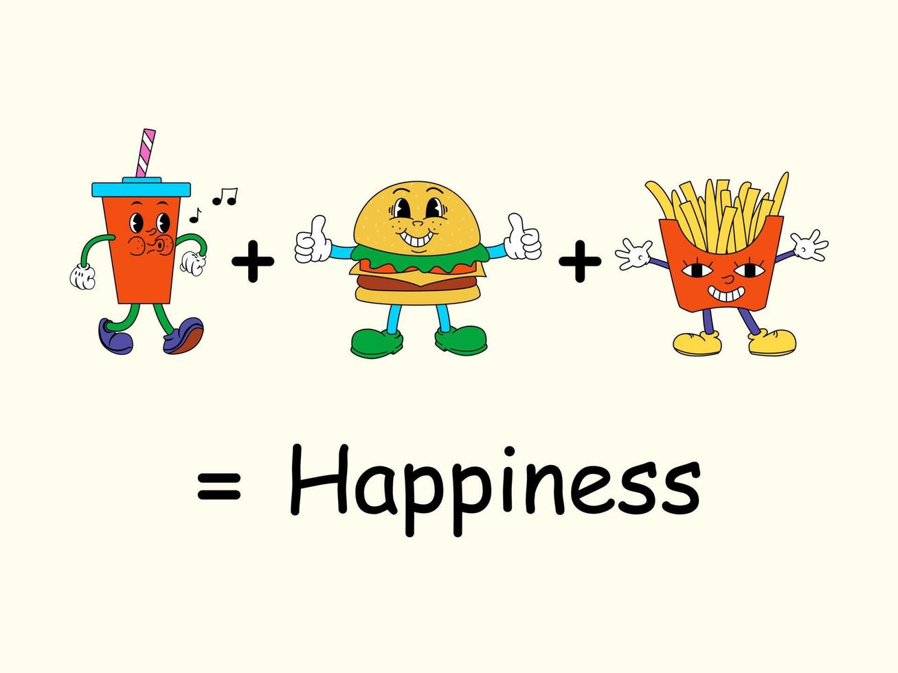 Retro Fast Food Mascot Illustrations. Old Cartoon Style Character.  Glass of Soda, a Burger and French Fries are Characters. Happiness vector