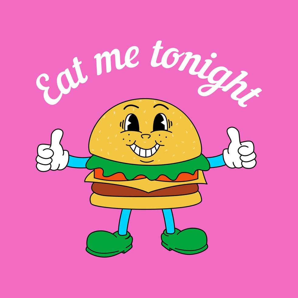 Retro Fast Food Mascot Illustrations. Old Cartoon Style Character. Smiling Burger Character vector