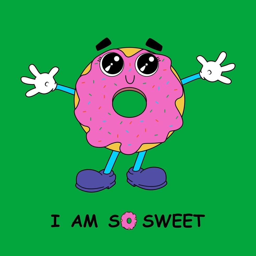 Retro Fast Food Mascot Illustrations. Old Cartoon Style Character. Cute Donut Character And Lettering. vector