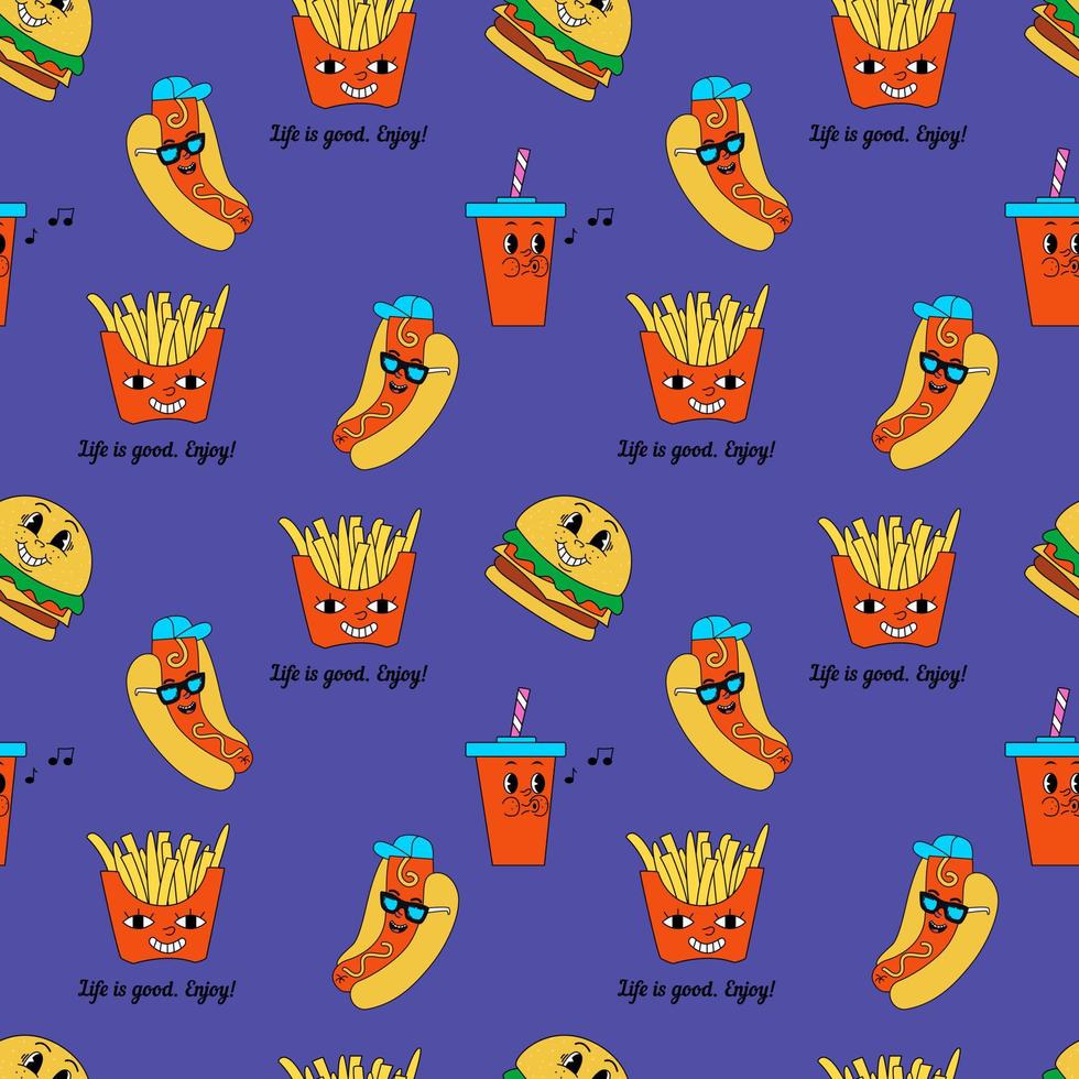 Retro Fast Food Mascot Illustrations. Old Cartoon Style Character. Seamless Pattern With Hot Dog, Burger, Soda And Fries. vector