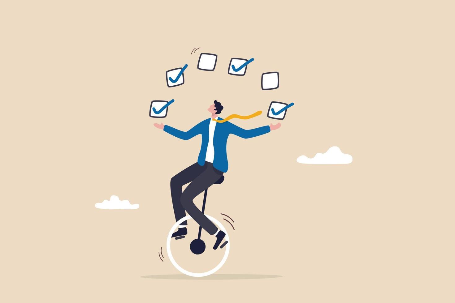 Todo list professional, business or work accomplishment, project management to track completed tasks or checklist to check for completion concept, businessman juggling checkbox on unicycle. vector