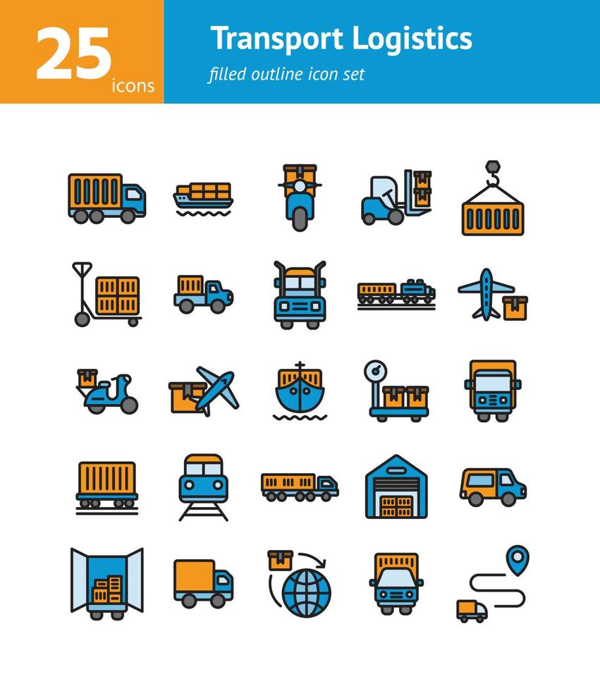 Transport Logistics filled outline icon set. vector