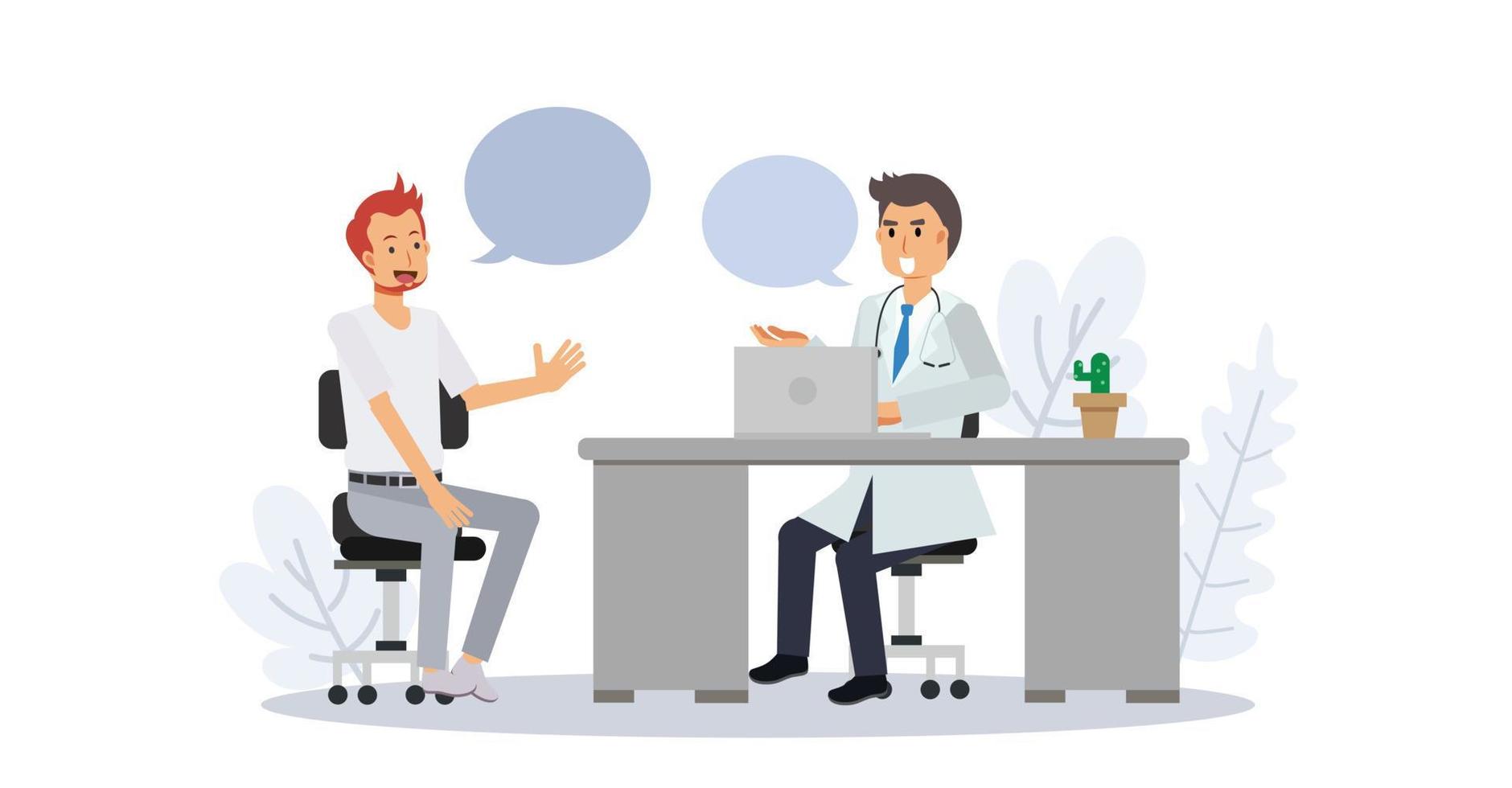 A man took advice from doctor. meeting doctor, medical concept.Flat vector 2d cartoon character illustration