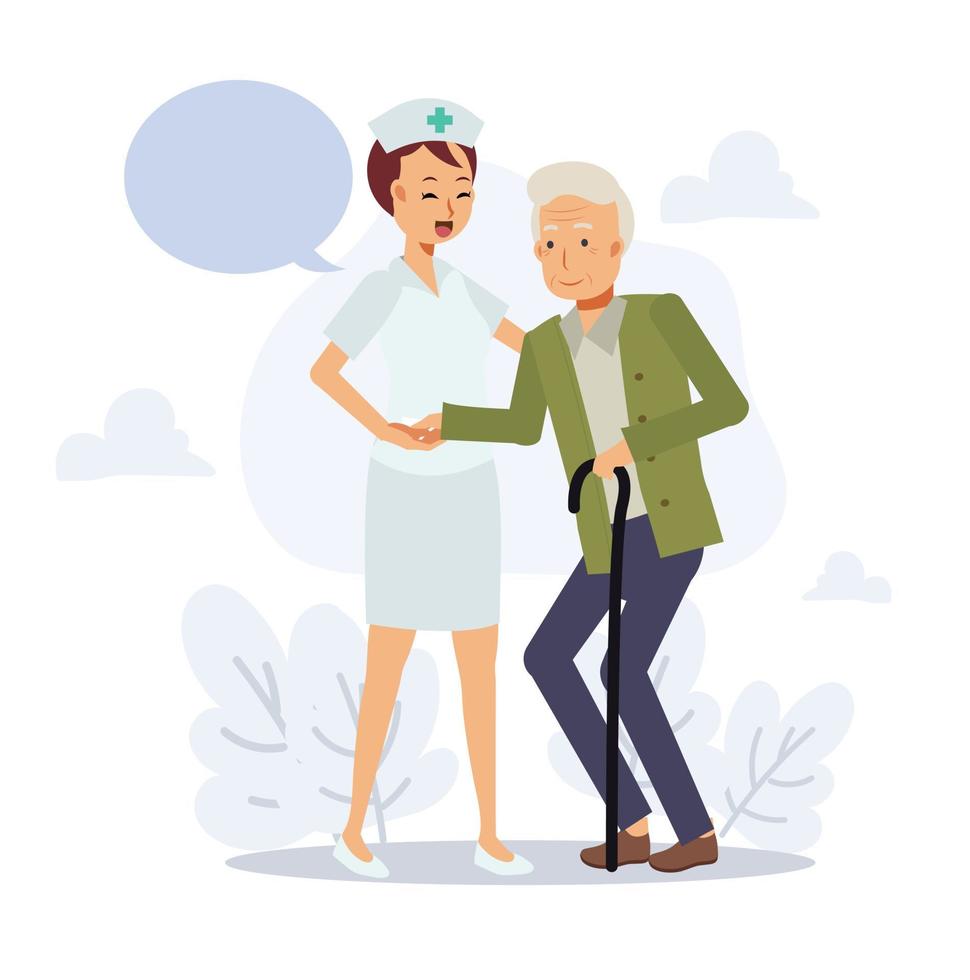 female Nurse is taking care the eldery. medical concept. Flat vector 2d cartoon character illustration