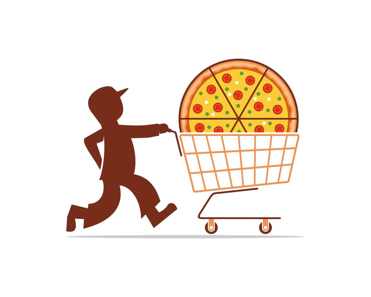 Pizza delivery with courier and cart shop vector