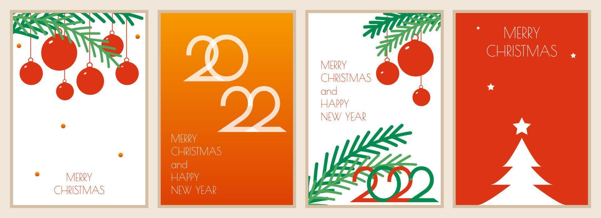 Holiday cards with Christmas tree, balls, branches, and numbers 2022. Universal vector templates, eps 10