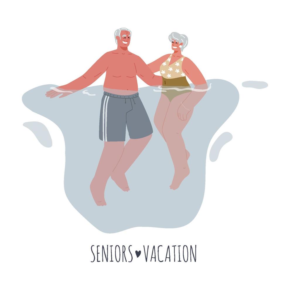 Dos personas mayores en trajes de baño flotando en el agua. Personas mayores de vacaciones en el mar. Ilustración plana de vector. vector