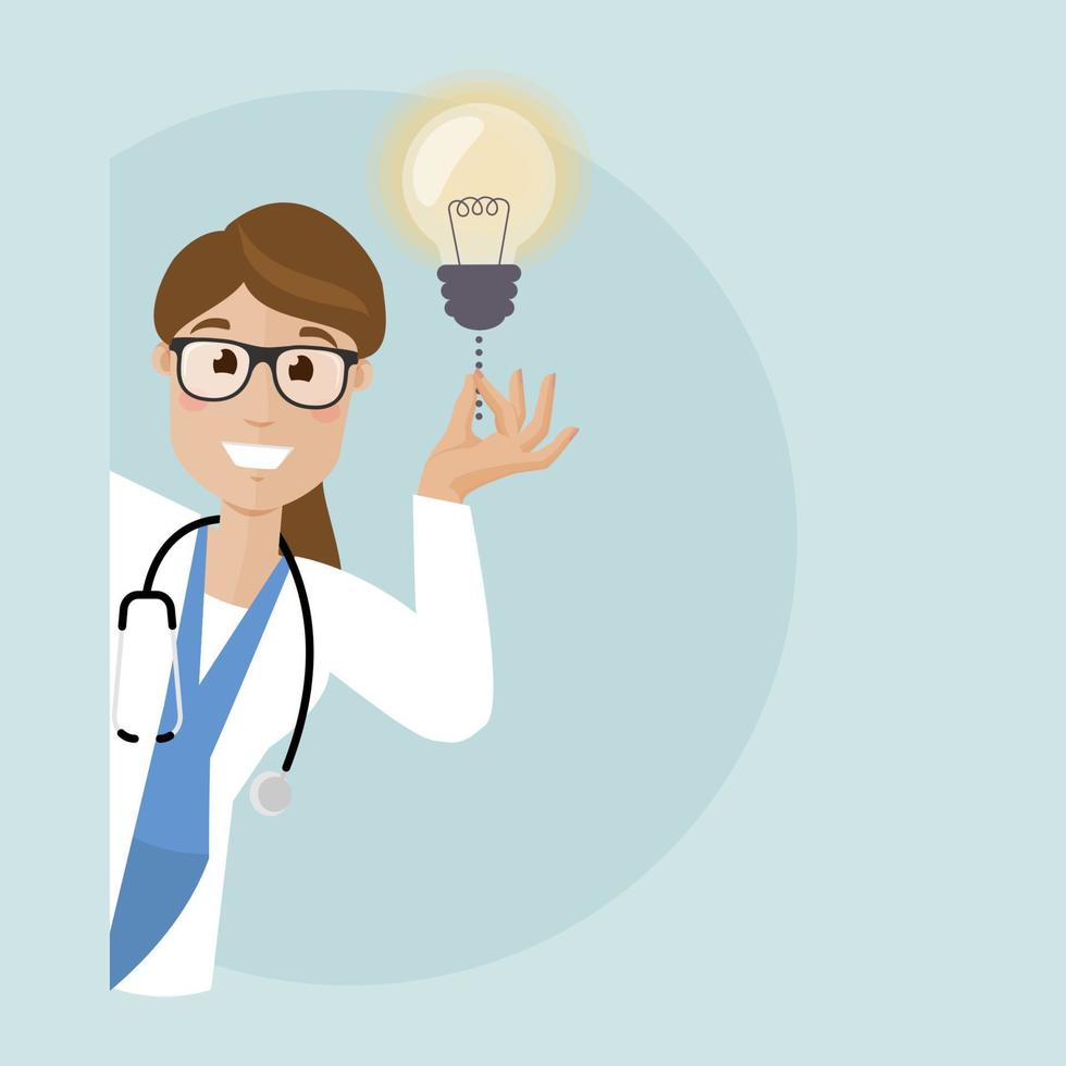 A young woman doctor in a white coat had an idea. She peeks around the corner and gives the idea. vector