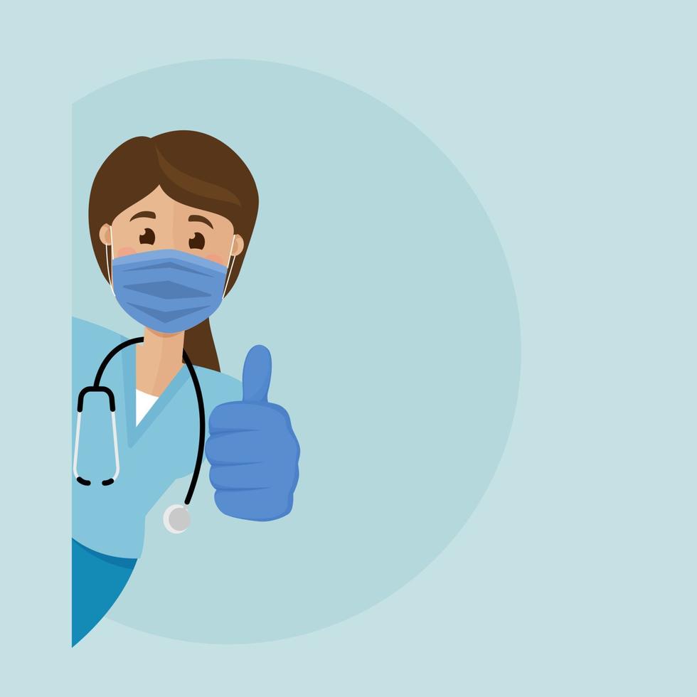 The nurse peeks around the corner and show hand with thumb up. Vector flat illustration.