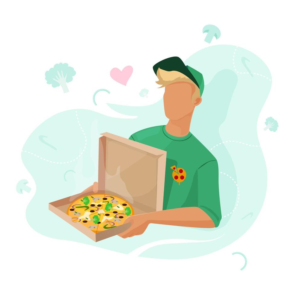 Pizza delivery to your home. The guy brought pizza and vegetables to the house vector