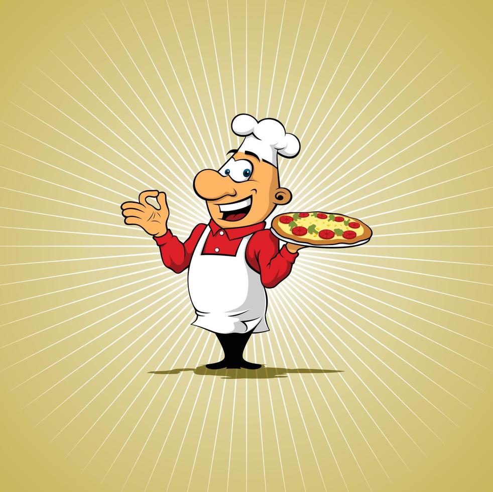 Chef italiano de dibujos animados feliz estilo cómico con bigote y pizza. trabajador de restaurante mascot.vector ilustración de arte de clip sin degradados. vector