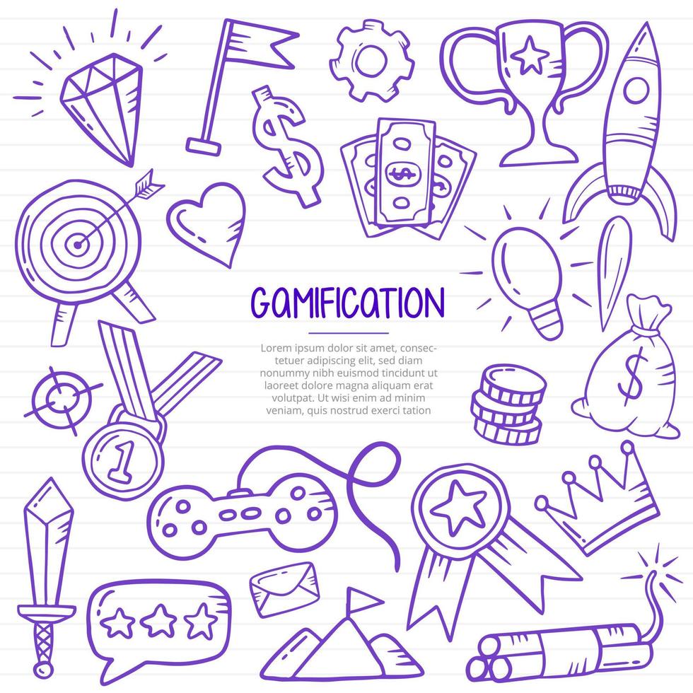 gamification life doodle hand drawn with outline style on paper books line vector