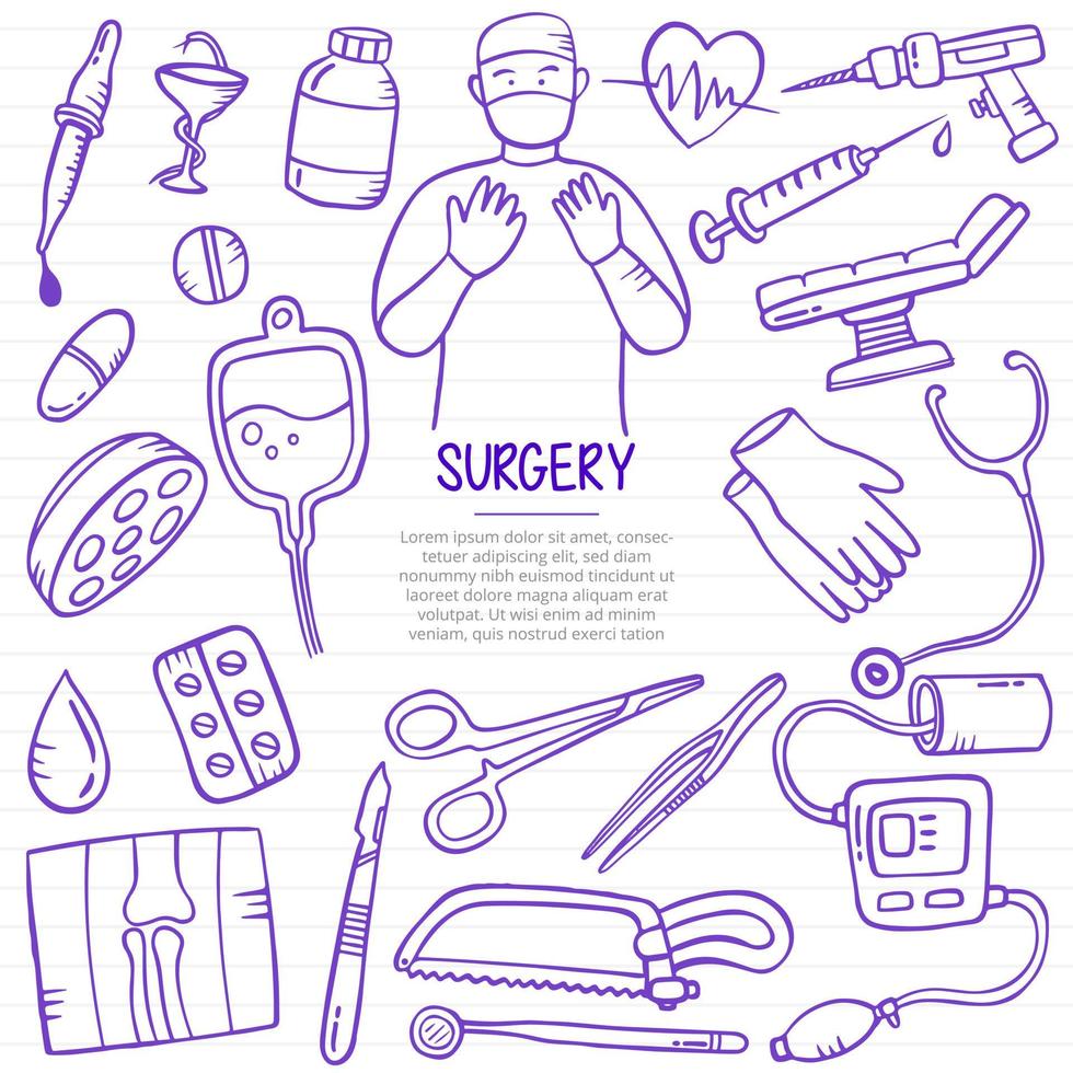 médico de cirugía doodle dibujado a mano con estilo de contorno en la línea de libros de papel vector
