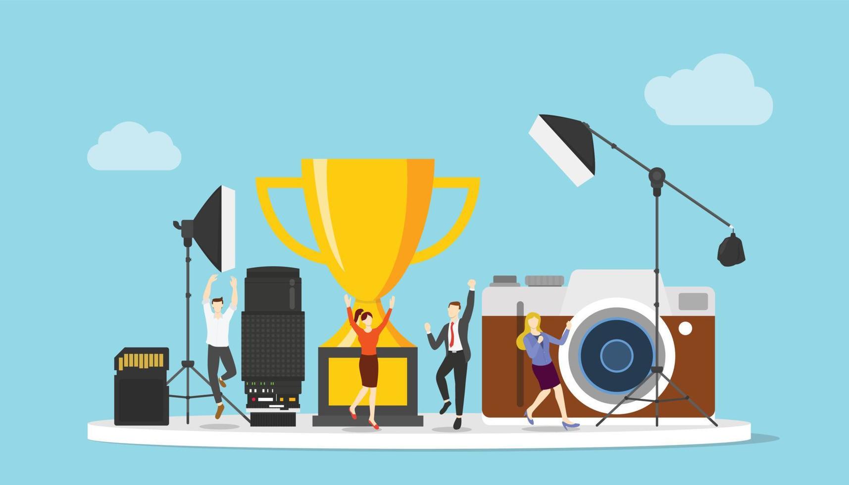 photography competition contest with trophy and happy people with modern flat style vector