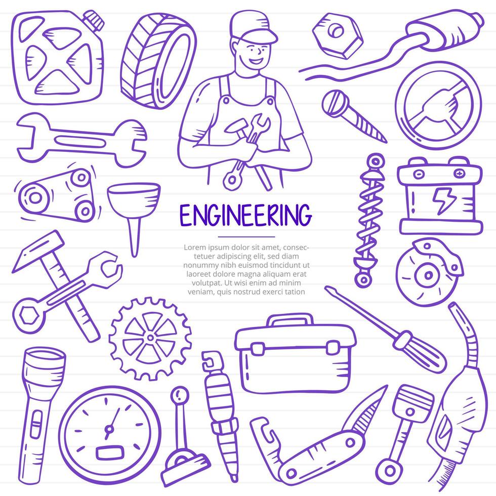 mechanic doodle hand drawn with outline style on paper books line vector