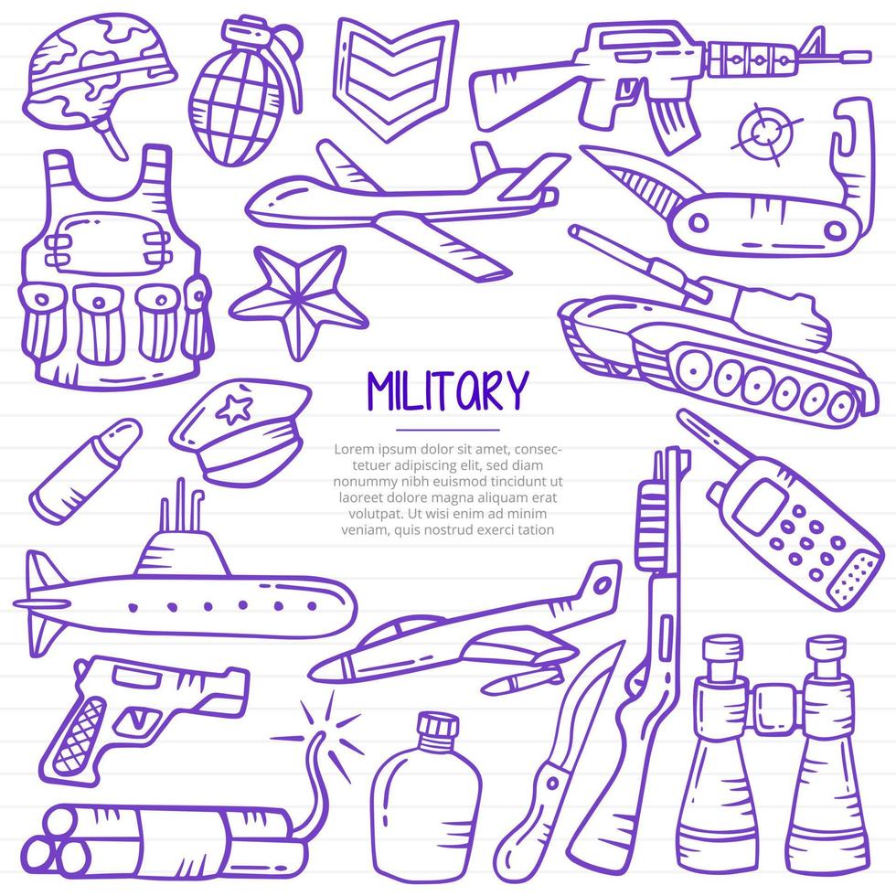 military doodle hand drawn with outline style on paper books line vector