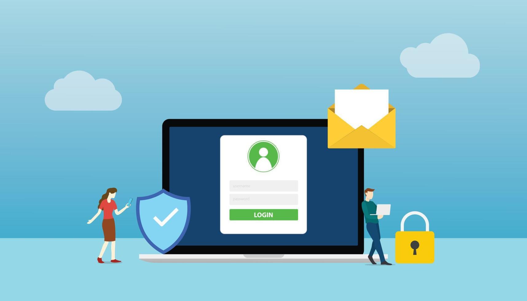 personal data security privacy concept with laptop and people account login with modern flat style vector