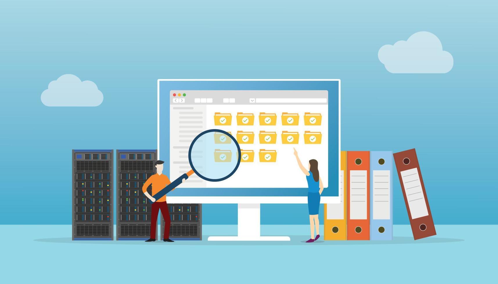 file management concept with people analyzing files on computer with server and books data with modern flat style vector