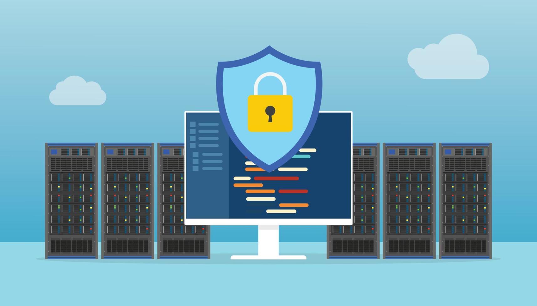 data center security concept with server rack and programming secure sign with modern flat style vector