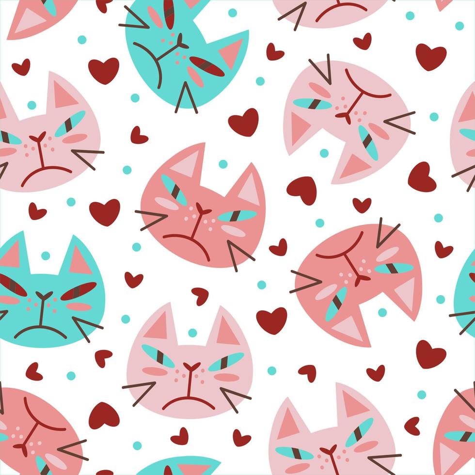 caras gruñones de gatos patrón de vector transparente. lindos gatitos tristes con corazones, estilo plano. Fondo de dibujos animados dibujados a mano, concepto animal divertido para el día de San Valentín. telón de fondo festivo, dibujo infantil.