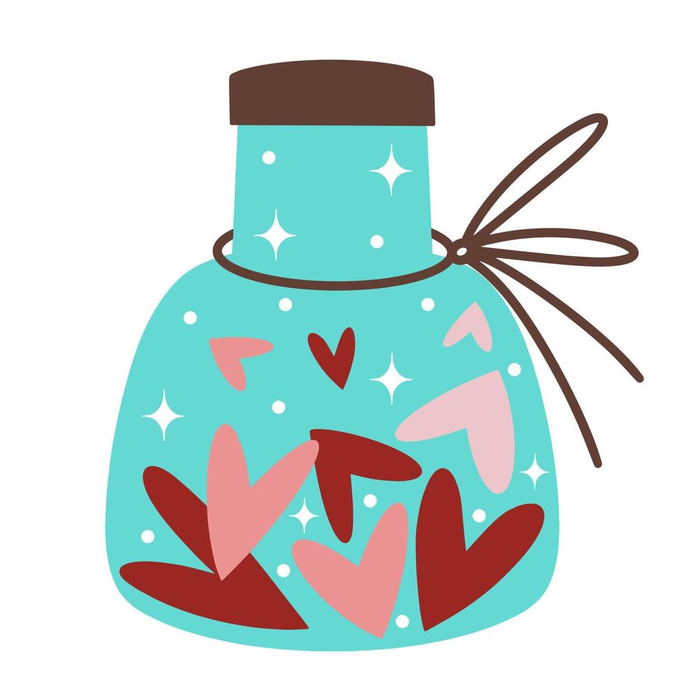 Bottle with hearts inside vector icon. Hand-drawn cute illustration. Transparent blue vial with cork, ribbon. Love elixir, hearts and stars in a flask. Romantic clipart for valentine's day.