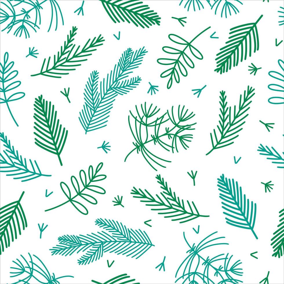 Branches of trees - spruce, pine, cedar, fir. Hand-drawn seamless vector pattern. Graceful twigs of needles, small thorns and barb on a white background. Christmas concept, backdrop in flat style.