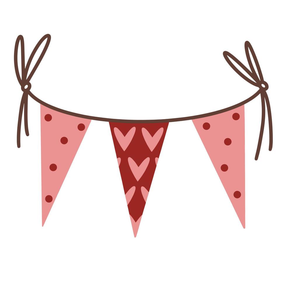 Bunting. Hand drawn cute pink garland on a rope. Triangular banners with hearts, polka dots. Romantic flag, flat concept for valentine's day, birthday, wedding, party, event. Festive vector icon