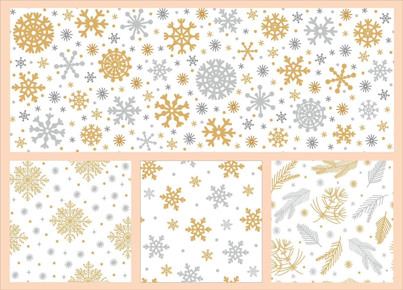 Set of Christmas seamless vector patterns. Hand drawn holiday backgrounds, border. Gold, silver snowflakes, pine branches, fir, tree. Collection of seasonal concepts, flat style.